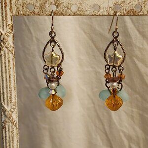 OOAK New Handcrafted Glass & Metal Bead Earrings, Silver-Plated Ear Wires & Hoop